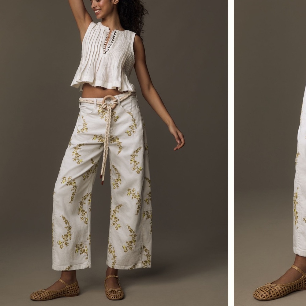 Anthropologie Cream Floral Wide Leg Pants